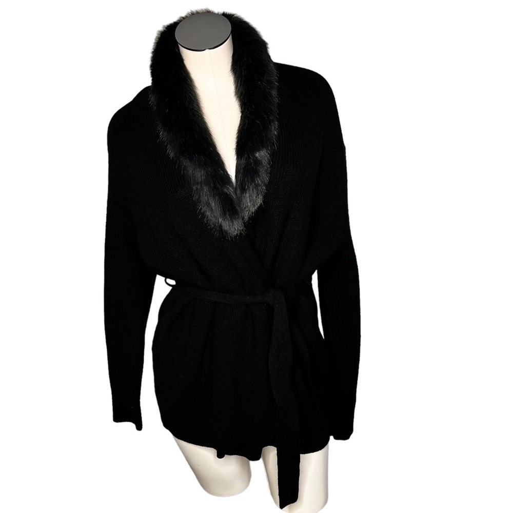 MICHAEL KORS Faux Fur Shawl Collar Black Cardigan Sweater Women's Size S